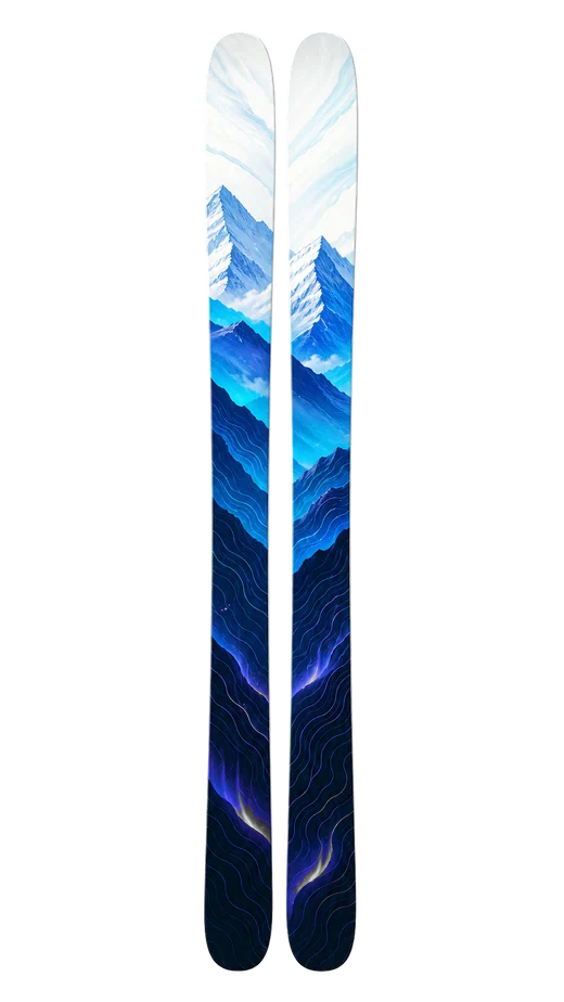 Black and blue powder ski pair