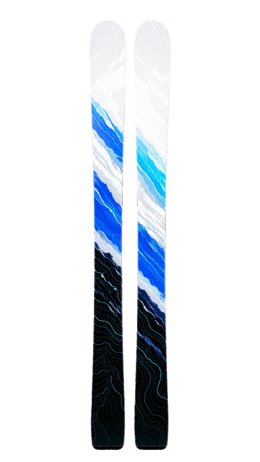 A white, blue, and black Alpenkeep ski pair